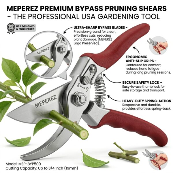 MEPEREZ Premium Bypass Pruning Shears – Heavy-Duty Garden Clippers with Safety Lock