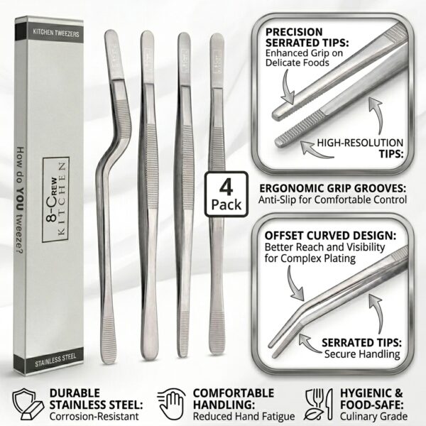 8-Crew Kitchen Professional Culinary Tweezers Set (4-Pack) | Precision Plating Tools