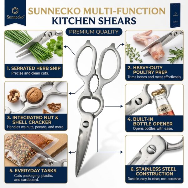2 Sunnecko Premium Multi-Function Kitchen Shears – Stainless Steel Heavy-Duty Kitchen Scissors