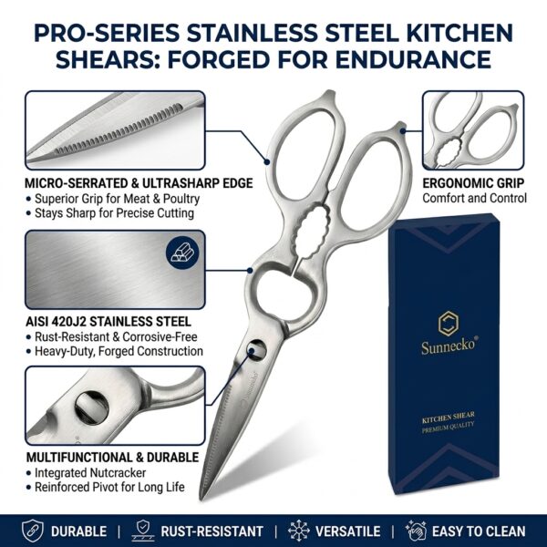 3 Sunnecko Premium Multi-Function Kitchen Shears – Stainless Steel Heavy-Duty Kitchen Scissors