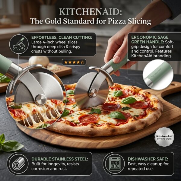 KitchenAid Classic Pizza Cutter Wheel – Stainless Steel Pizza Slicer with Finger Guard & Ergonomic Handle