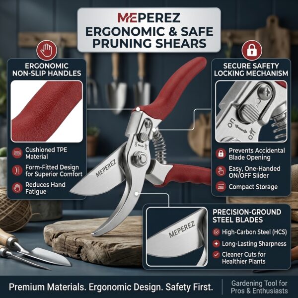 MEPEREZ Premium Bypass Pruning Shears – Heavy-Duty Garden Clippers with Safety Lock