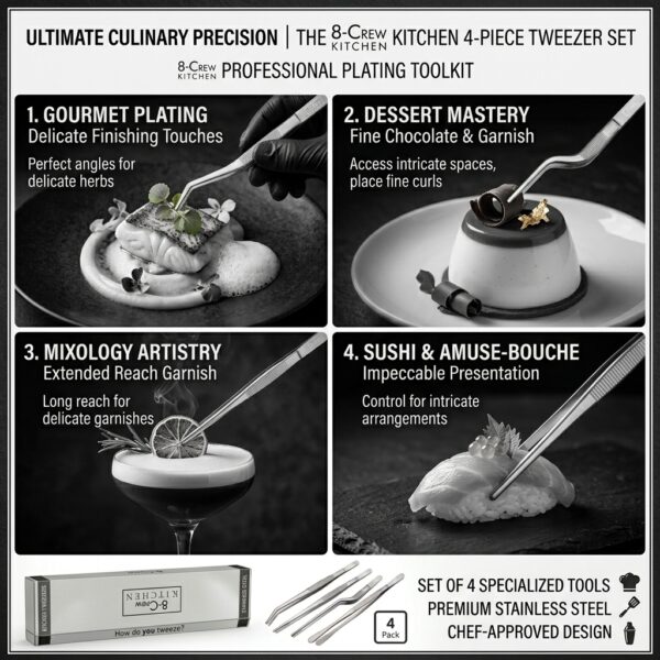 8-Crew Kitchen Professional Culinary Tweezers Set (4-Pack) | Precision Plating Tools