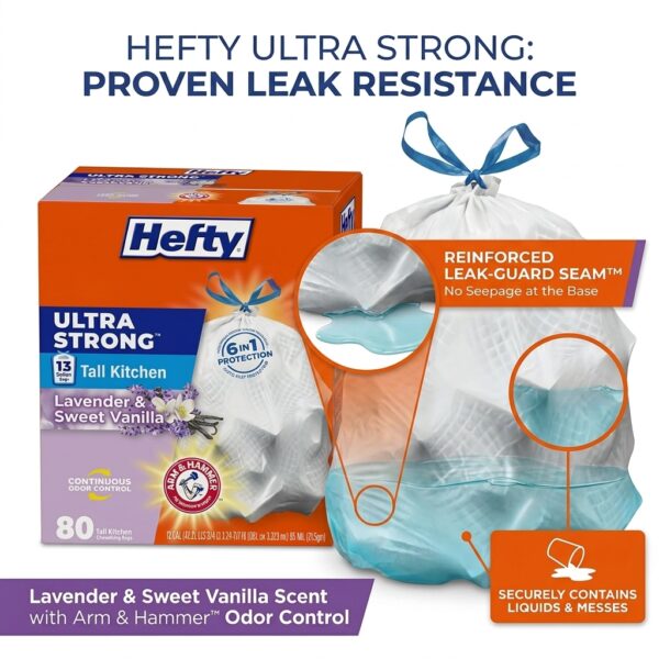 Hefty Ultra Strong Tall Kitchen Trash Bags – Lavender & Sweet Vanilla Scent, 80 Count