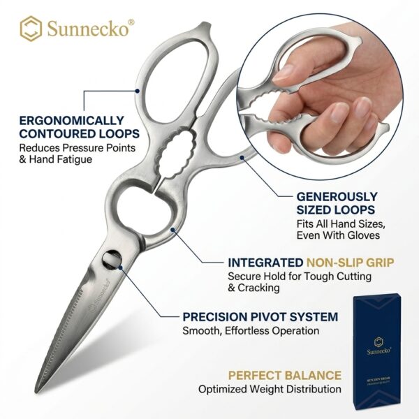 4 Sunnecko Premium Multi-Function Kitchen Shears – Stainless Steel Heavy-Duty Kitchen Scissors