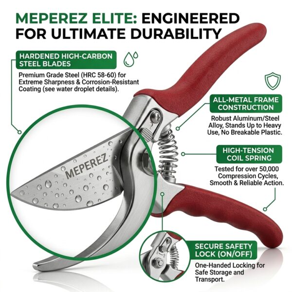 MEPEREZ Premium Bypass Pruning Shears – Heavy-Duty Garden Clippers with Safety Lock