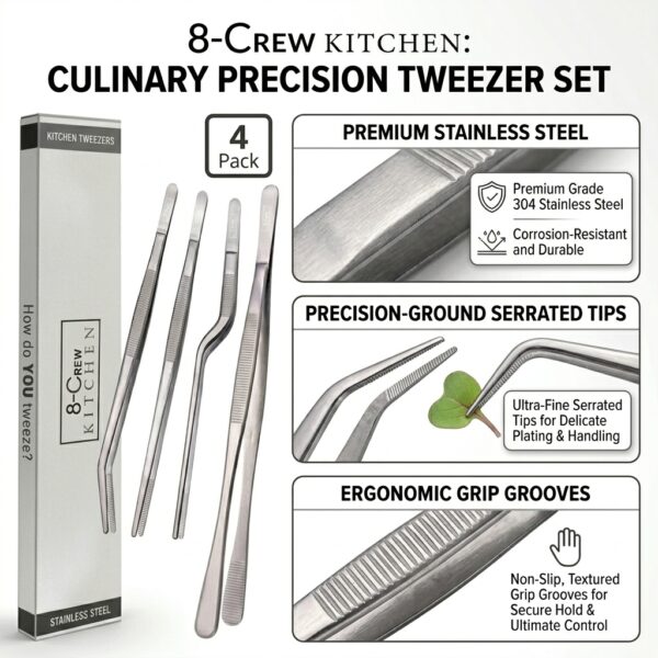 8-Crew Kitchen Professional Culinary Tweezers Set (4-Pack) | Precision Plating Tools