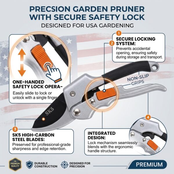 Professional SK5 Garden Pruning Shears – Heavy Duty Bypass Pruner with Safety Lock