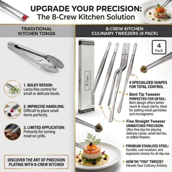8-Crew Kitchen Professional Culinary Tweezers Set (4-Pack) | Precision Plating Tools