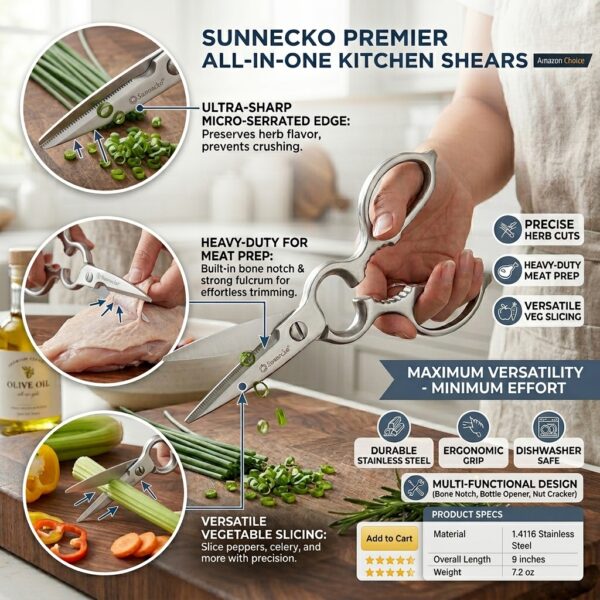 6 Sunnecko Premium Multi-Function Kitchen Shears – Stainless Steel Heavy-Duty Kitchen Scissors